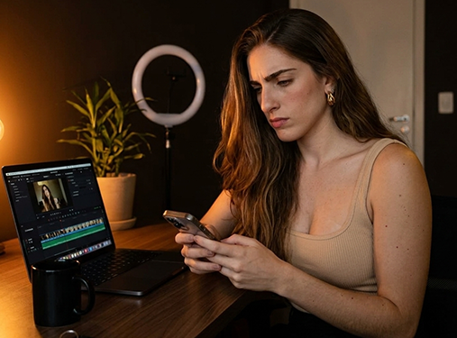 Criadora de conteúdo frustrada editando sem método
